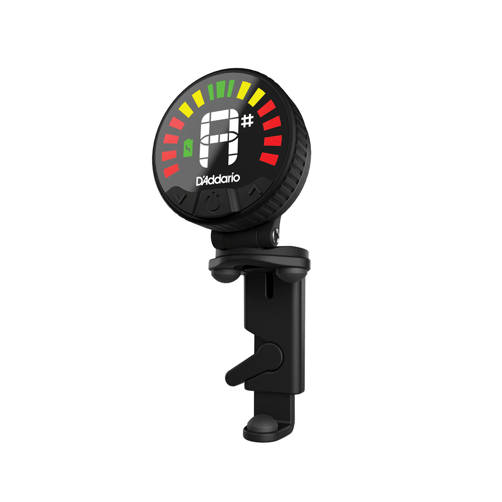 A black Nexxus 360 Violin Rechargeable Tuner with a round, 360-degree LED display indicating tuning levels, attached to a black clip-on mount, set against a plain white background.