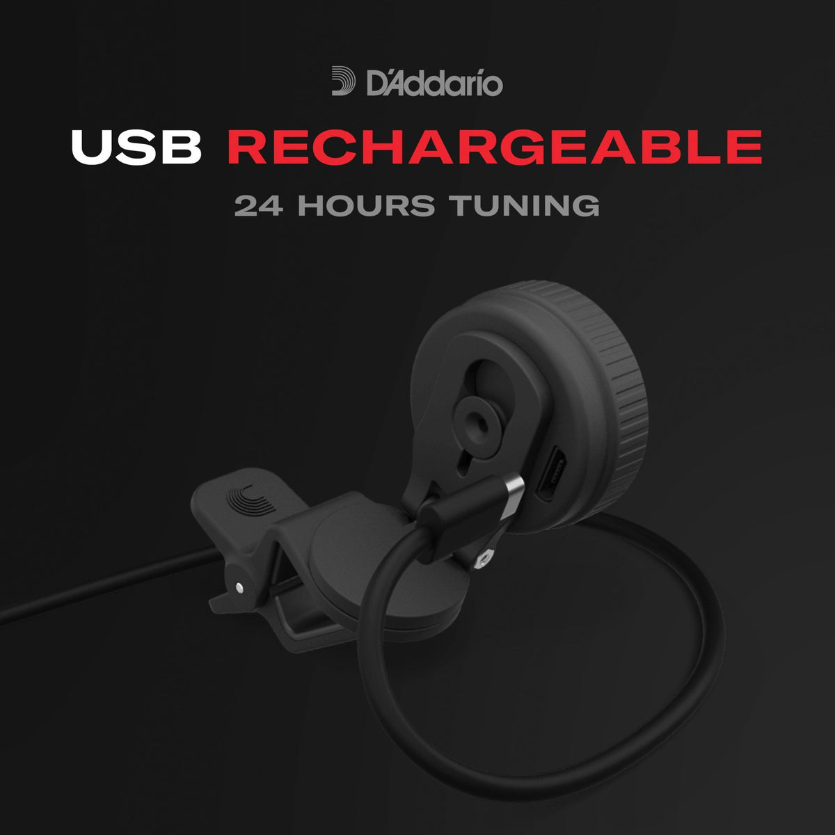 A Nexxus 360 Violin Rechargeable Tuner is shown clipped to an instrument, with text highlighting USB RECHARGEABLE 24 HOURS TUNING. The modern and sleek design features a 360-degree LED display, making this rechargeable violin tuner both stylish and easy to read on a dark background.