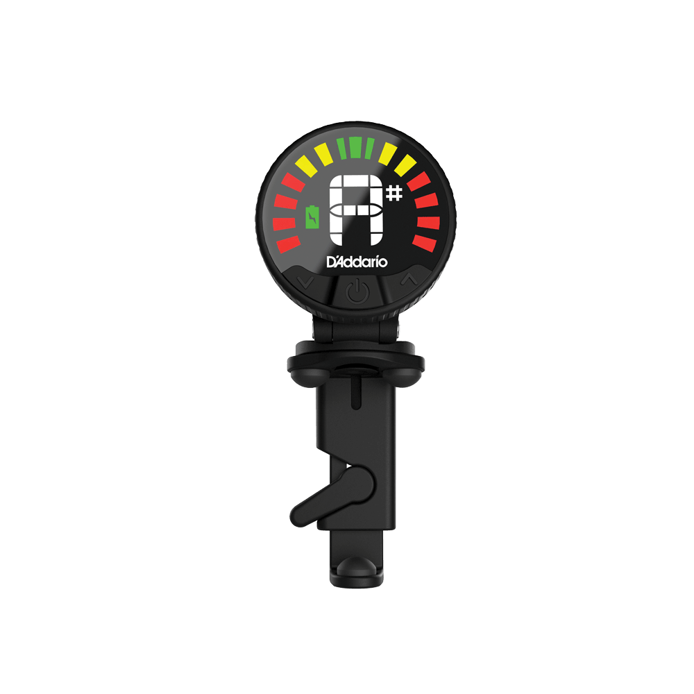 The Nexxus 360 Violin Rechargeable Tuner displays the note F# on its 360-degree LED screen, featuring an arc of green, yellow, and red color-coded bars above the note indicator for precise tuning. Its versatile design includes a black clip-on base, ensuring clear visibility at any angle.