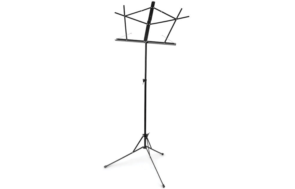The Nomad Lightweight EZ-Angle Music Stand – Black, featuring adjustable height and foldable tripod legs for portability, is displayed against a plain white background.