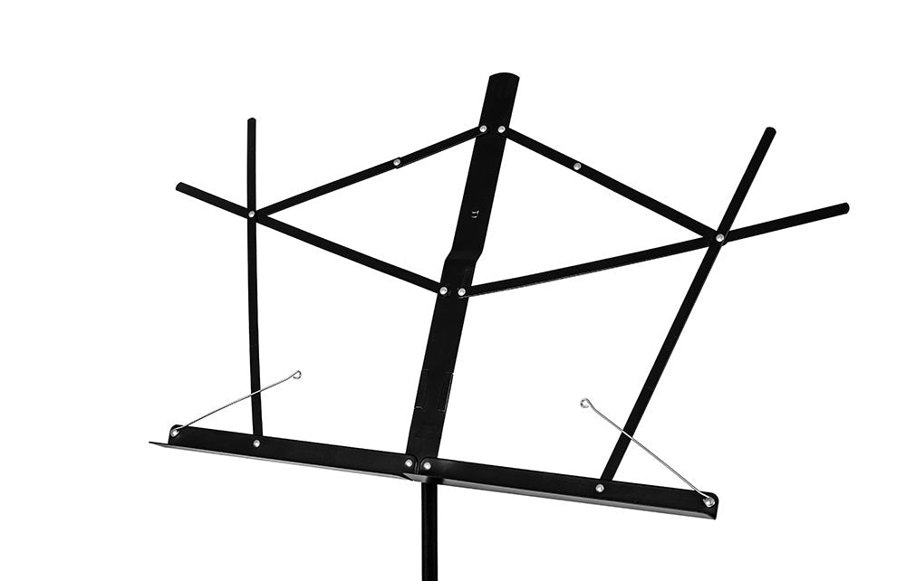 The Nomad Lightweight EZ-Angle Music Stand in black, featuring adjustable arms and sheet holders, is displayed on a plain white background—ideal for securely holding your sheet music.