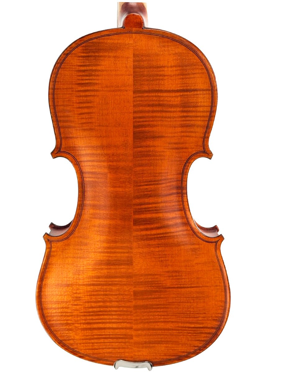 The image shows the back of the Octav Mures Romanian Intermediate Violin—professionally set up by Atelier—with a warm, glossy reddish-brown finish and visible wood grain, ideal for advancing students.