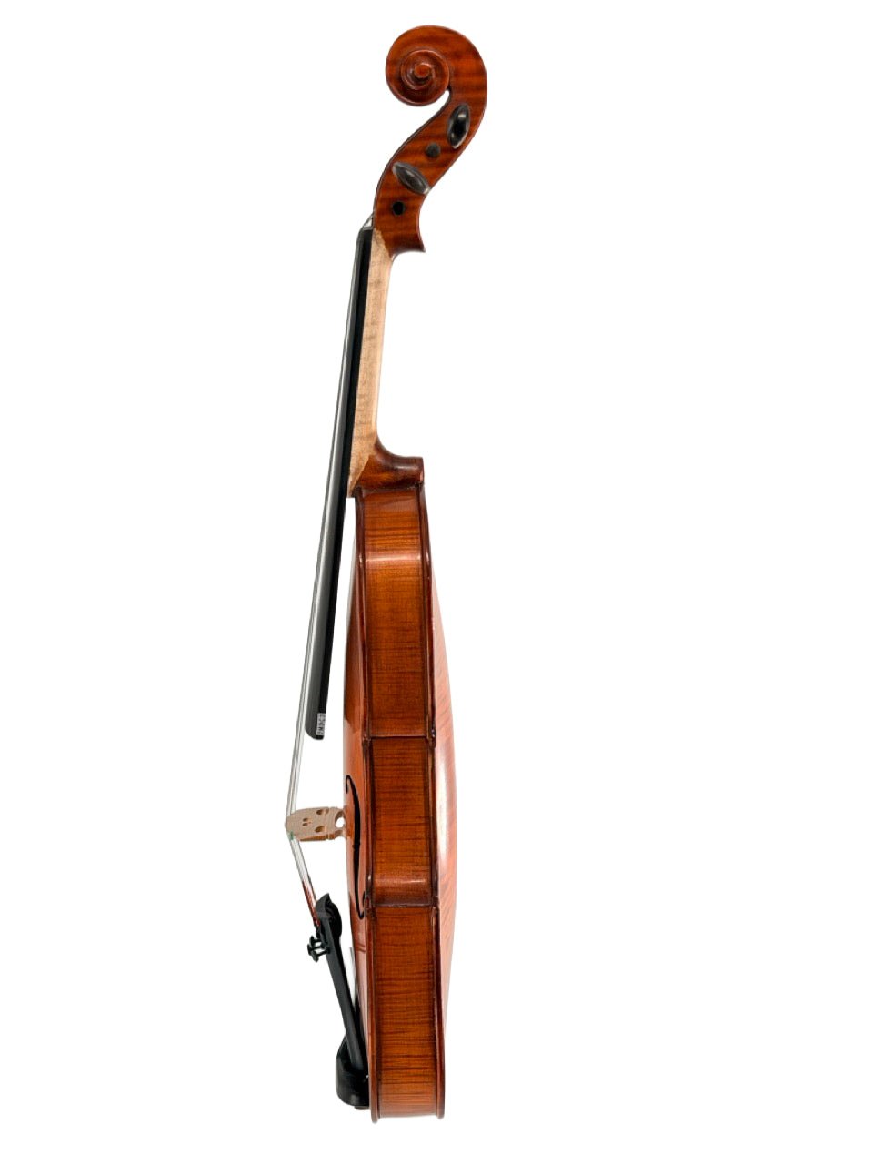 The Octav Mures Romanian Intermediate Violin—Professionally Set Up by Atelier—is shown from the side against a white background, highlighting its elegant curved wooden body, fingerboard, and scroll.