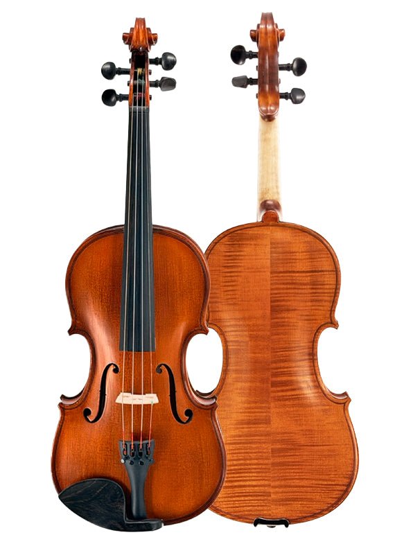 Two Octav Mures Romanian Intermediate Violins are shown: the left displays the front with strings, fingerboard, and chinrest; the right shows the glossy wood grain back—both professionally set up by Atelier.