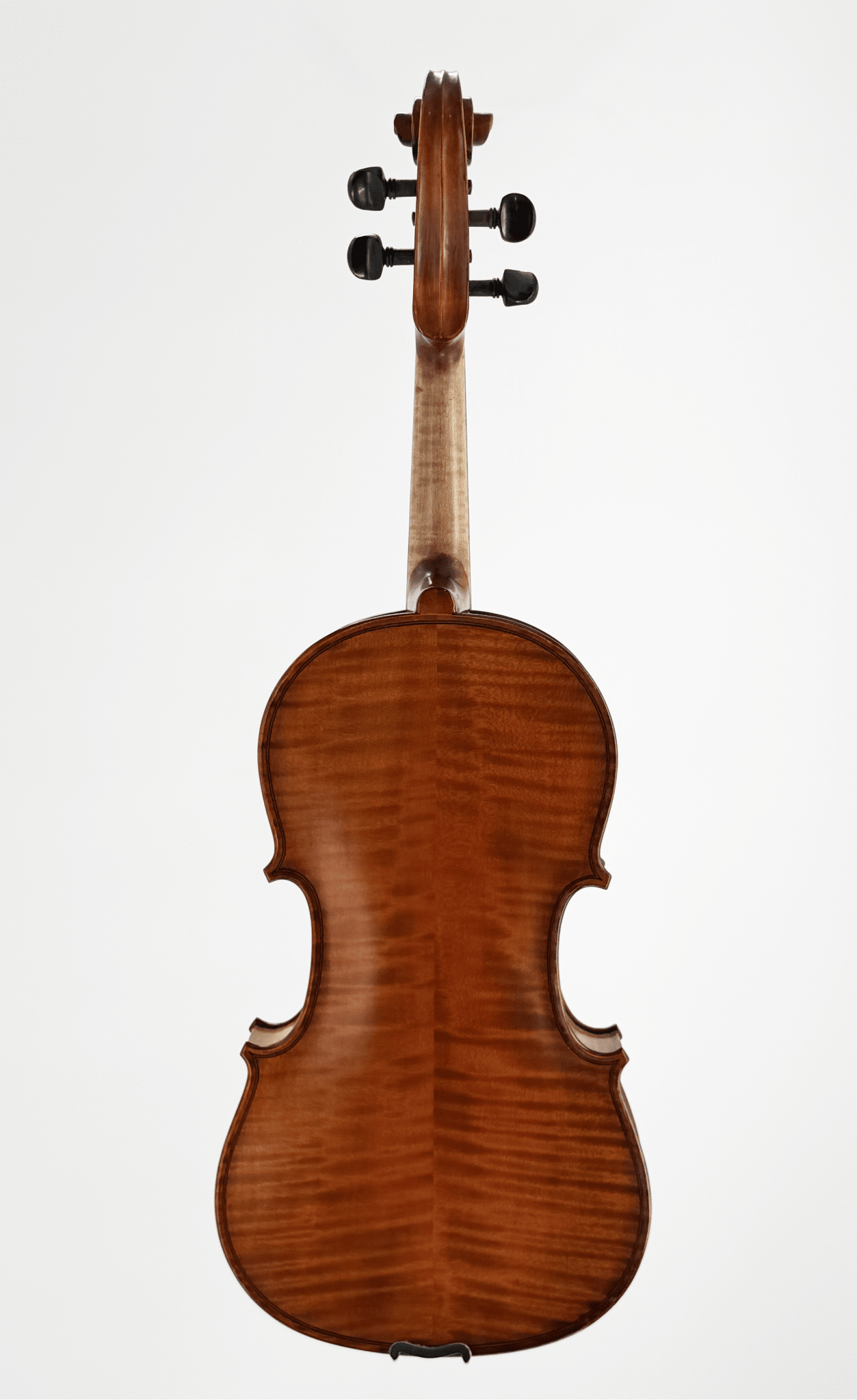 The Octav Mures Viola is shown from the back, highlighting its polished Carpathian tonewoods, elegant grain patterns, and scroll—a stunning Romanian hand-crafted instrument set against a plain white background.