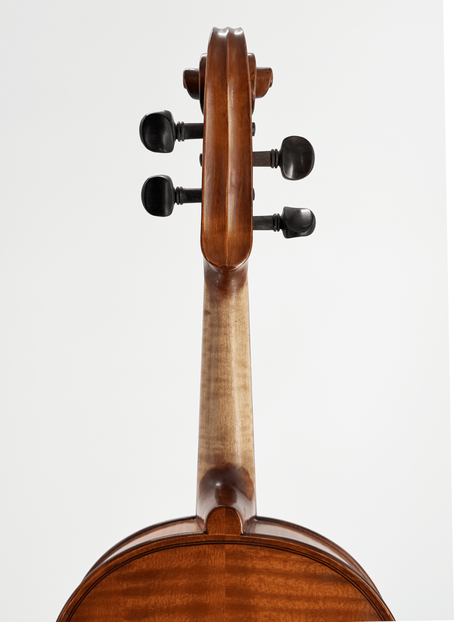 Close-up of the Octav Mures Viola’s back, highlighting tuning pegs, scroll, neck, and body—crafted from Carpathian tonewoods—set against a plain white background.