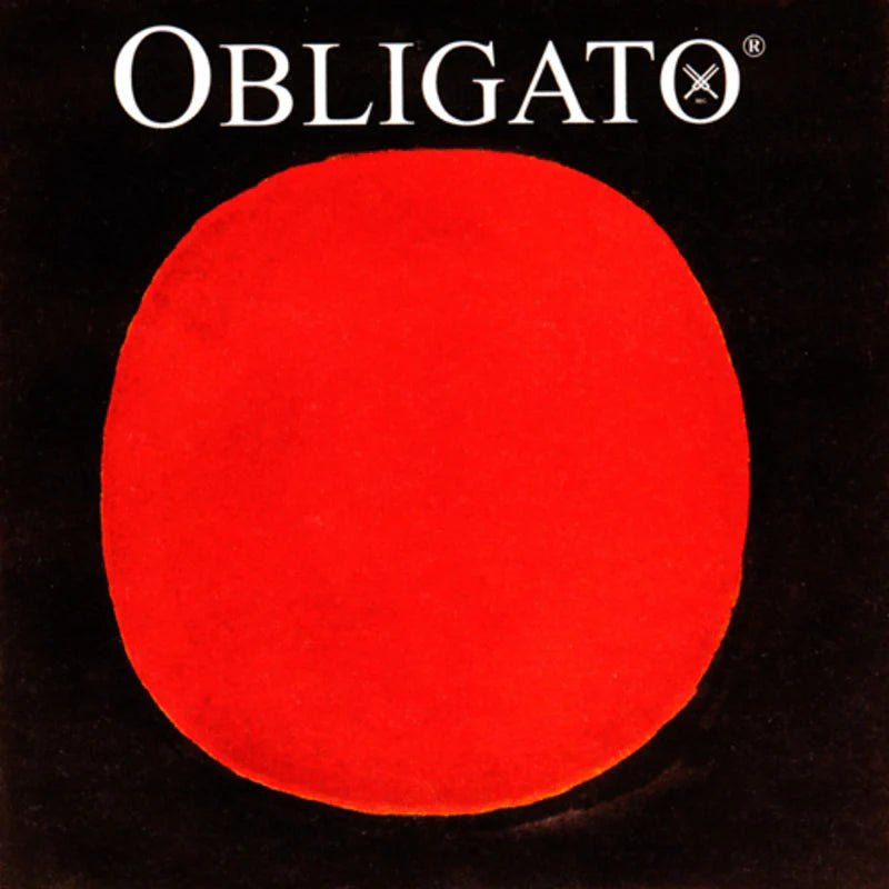 A large, textured red circle is centered on a black background. At the top, "OBLIGATO"—referencing the Pirastro Obligato Violin E String—is written in bold white capitals, with a small crossed-strings logo inside the letter O.