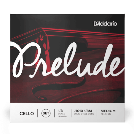 Square package of Prelude Cello Strings - Medium, showcasing "Prelude" in bold script above a cello close-up, with details for 1/8 scale, steel core, and medium tension shown below.