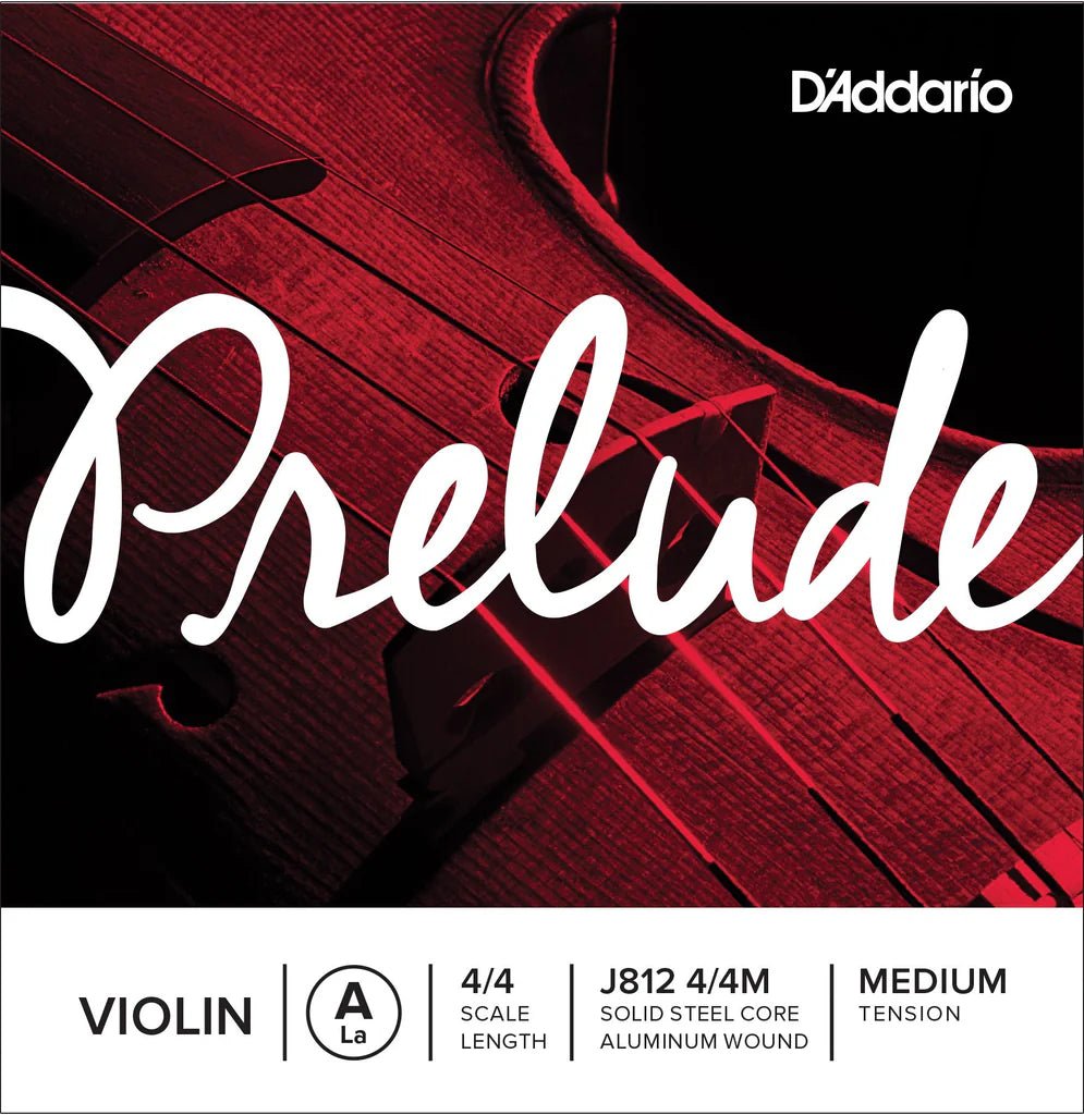 A close-up of a violin in red tones displays "Prelude" in large script and the D’Addario logo, highlighting the Prelude Violin A String – Medium Tension: 4/4 scale, solid steel core, aluminum wound—ideal for students.