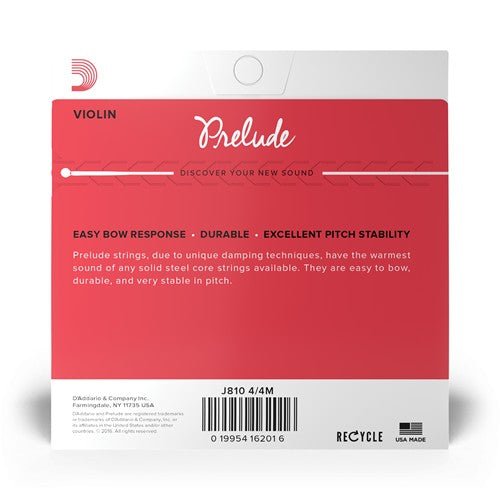 Back of a Prelude Violin A String – Medium Tension | D'Addario package in red and white, highlighting easy bow response, durability, and pitch stability. Student-friendly. Text, barcodes, recycle symbol, and USA made icon are visible at the bottom.