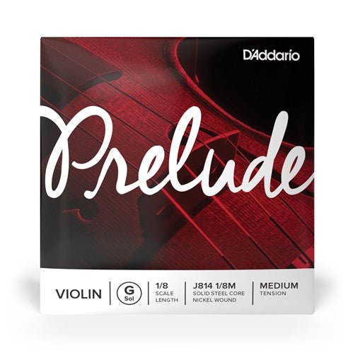 Front of a Prelude Violin G String – Medium Tension | D'Addario package, showing a red-toned close-up violin, "Prelude" in large script, and details: steel core, 1/8 size, nickel wound, medium tension.