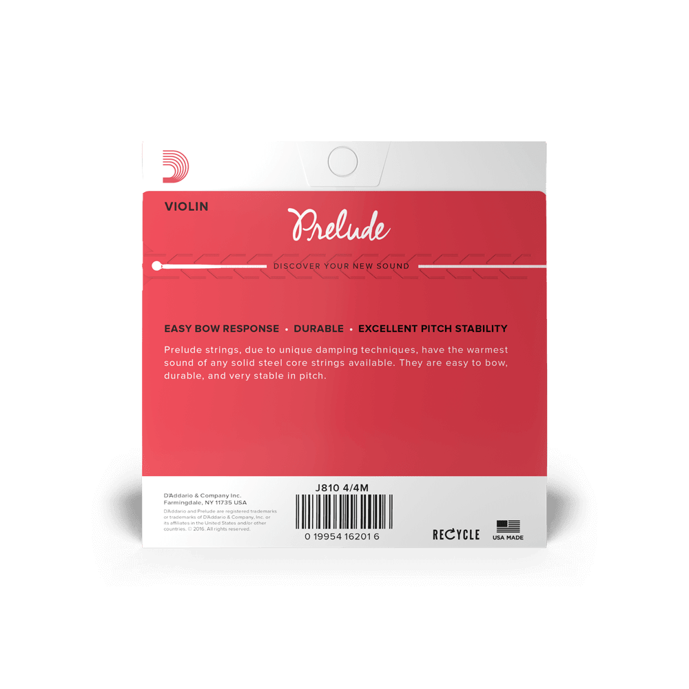 Back of a D’Addario Prelude Violin G String – Medium Tension package shows text on easy bow response, durability, and pitch stability. Highlights steel core design, barcode, recycling symbol, and marks as USA Made.