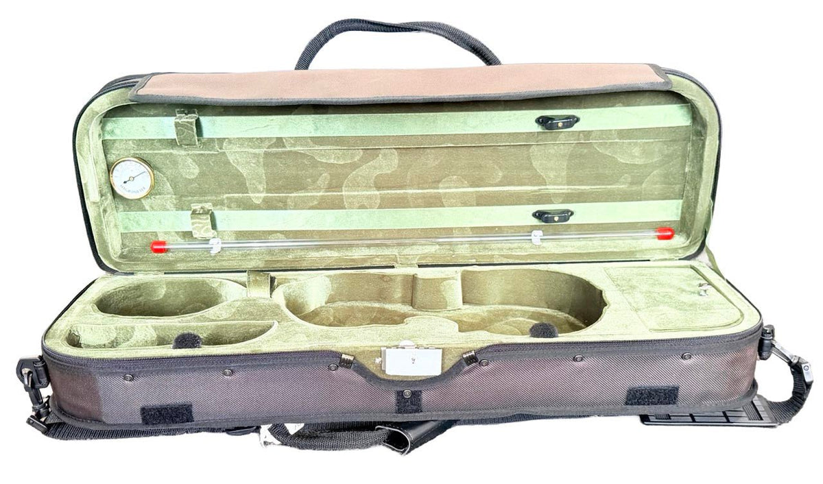 The Premium Lightweight Fractional Violin Case – 1/4 & 1/2 Size features a black exterior with both a handle and shoulder strap. The open, empty case reveals a green velvet interior, accessory compartment, hygrometer on the left side, and bow holders at the top. This lightweight case is designed to securely fit 1/4 and 1/2 size violins.