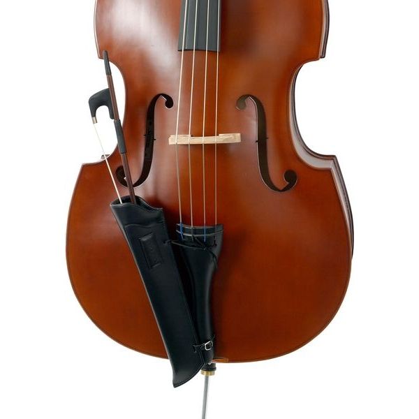 A close-up of a cello with a Protec L224 Black Leather Bass Quiver attached, crafted from full-grain leather and securely holding a cello bow next to the instrument’s body.
