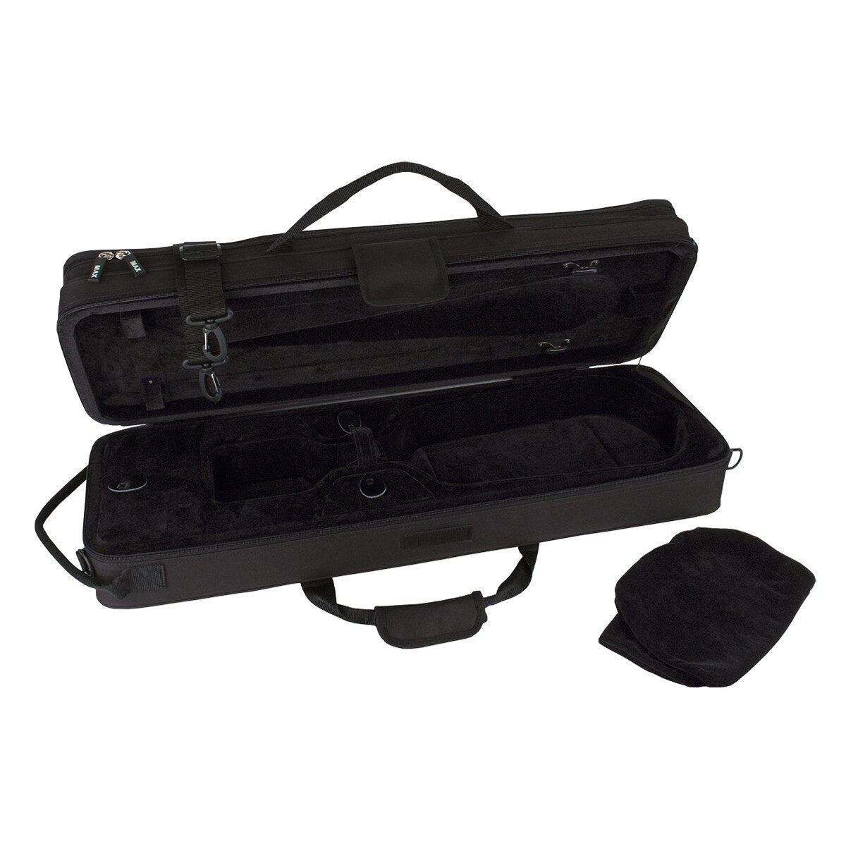 The Protec MAX Oblong Violin Case – 4/4 Full Size, Black, is a rectangular soft-shell case with padded compartments, handle, shoulder strap, and comes with a separate black padded cover.