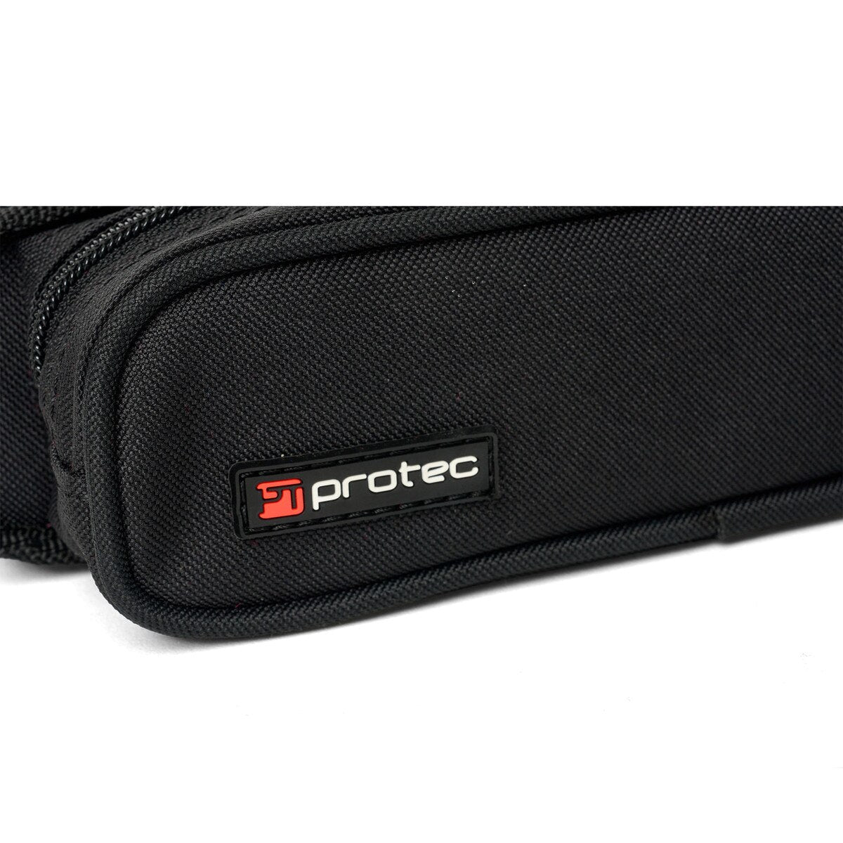 Close-up of a black Protec Violin Bow Case made from lightweight fabric, featuring a zippered pocket with a rectangular Protec logo patch in white text on a black and red background.