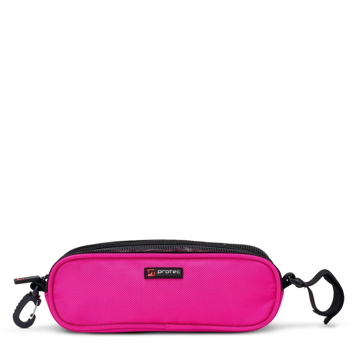 The Protec Violin / Viola Shoulder Rest Pouch is small, bright pink with black accents, features a zippered closure, two clips on each end, and has the Protec logo on the front.