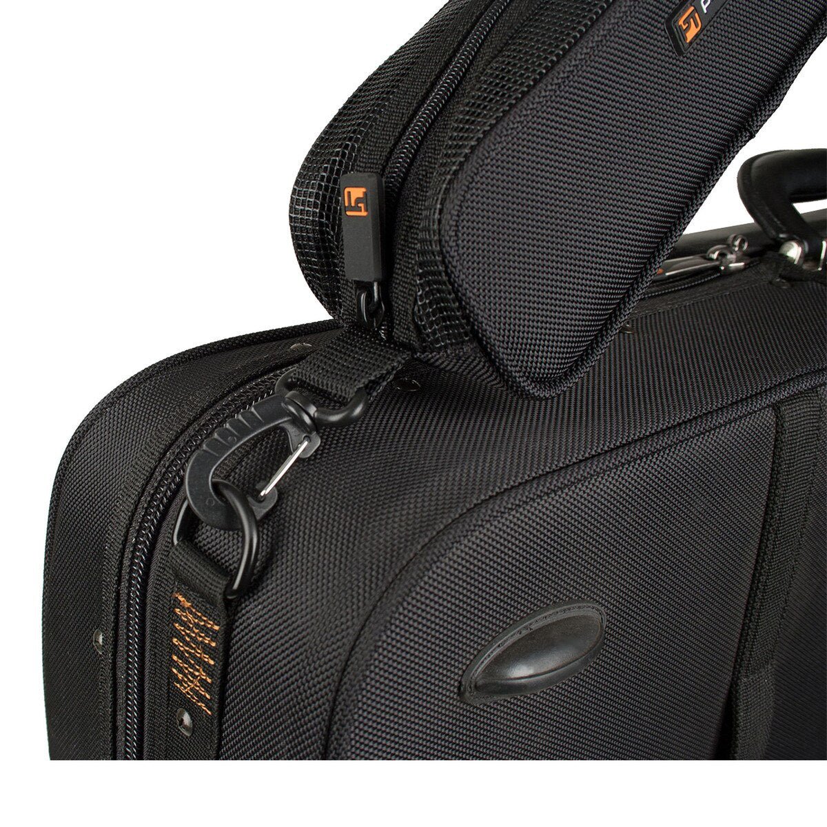 Close-up of a black, textured travel suitcase with a Protec Violin / Viola Shoulder Rest Pouch attached to the handle by strap and clips; both bags have small orange logo tags.