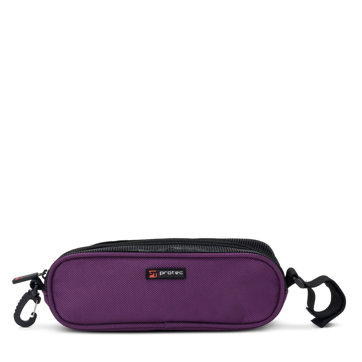 The Protec Violin / Viola Shoulder Rest Pouch is purple with a zipper, black strap and clip, and a small rectangular Protec logo on the front. The pouch is shown against a white background.