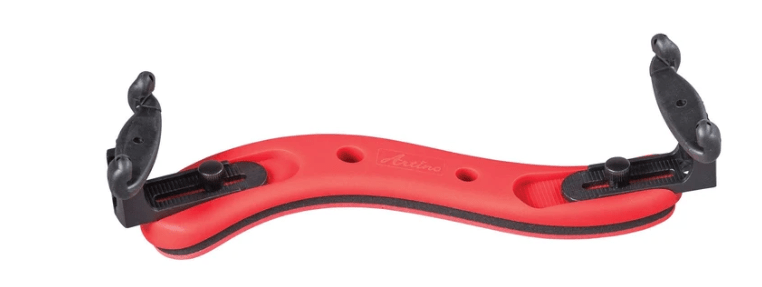 The Red - Artino SR-12 Ergo Collapsible Violin & Viola Shoulder Rest features a red ergonomic, curved padded design for comfort and black adjustable grips on both ends.