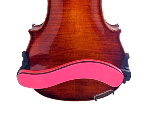 A closeup of a violin’s back displays a Red Artino SR-12 Ergo Collapsible Violin & Viola Shoulder Rest securely attached, its vibrant color standing out against the instrument’s polished brown wood finish.