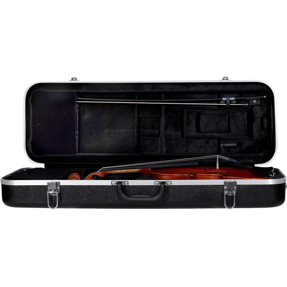 A Scherl & Roth SR51 Violin Outfit in an open black case, with the student violin and bow inside, professionally set up and strung with Thomastik-Infeld Dominant strings, displayed on a white background.