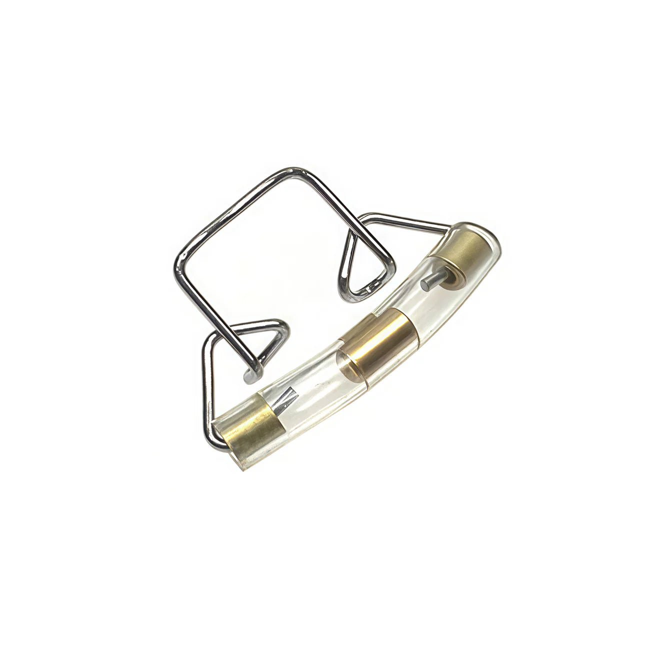 The Sihon Wire Slide-on Violin Mute, featuring a glass fuse with metal caps at both ends in a silver holder, resembles a violin mute and is shown isolated on a white background.