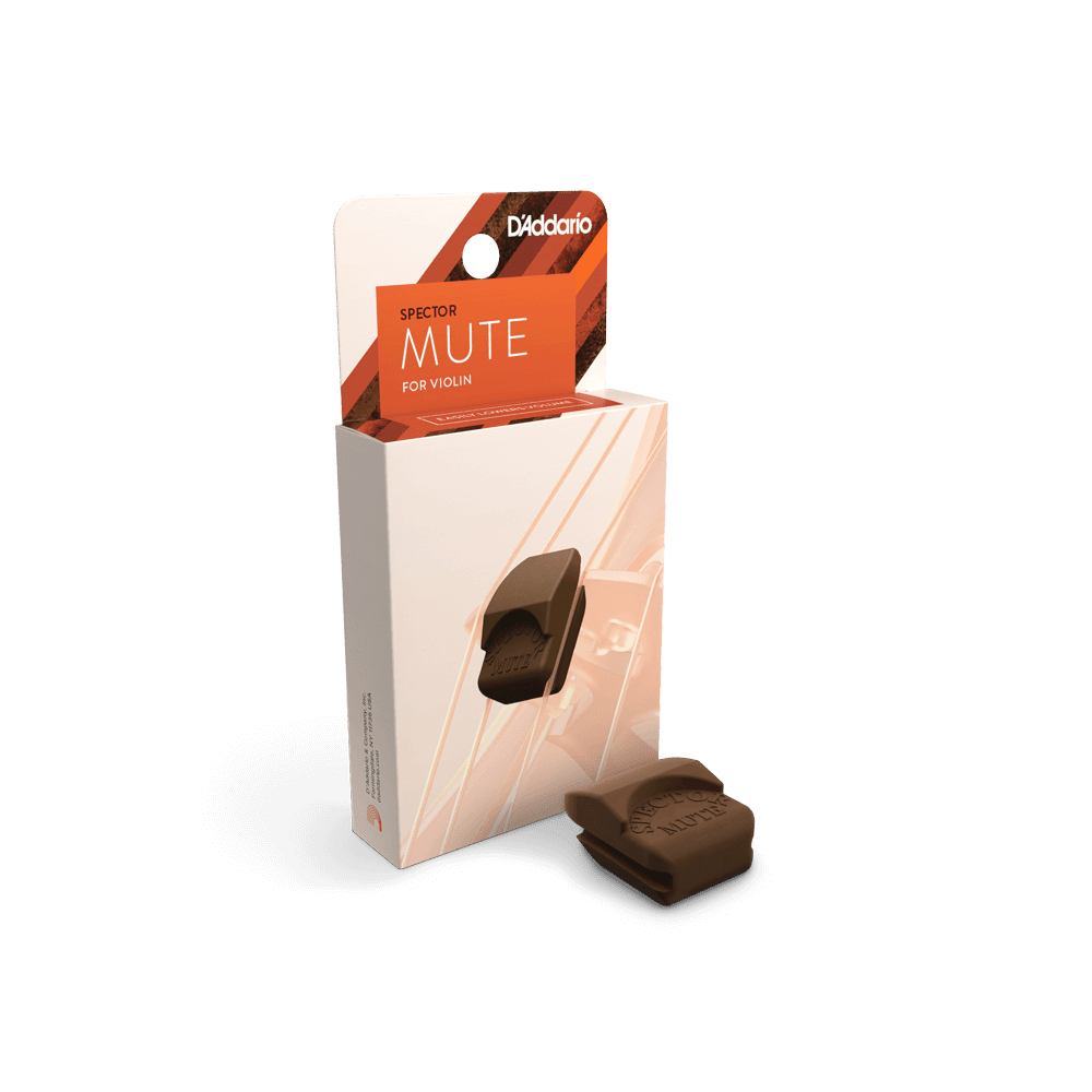 The Spector Violin Mute, shown in brown both in and out of its white and orange branded packaging, is ideal for quiet practice sessions.
