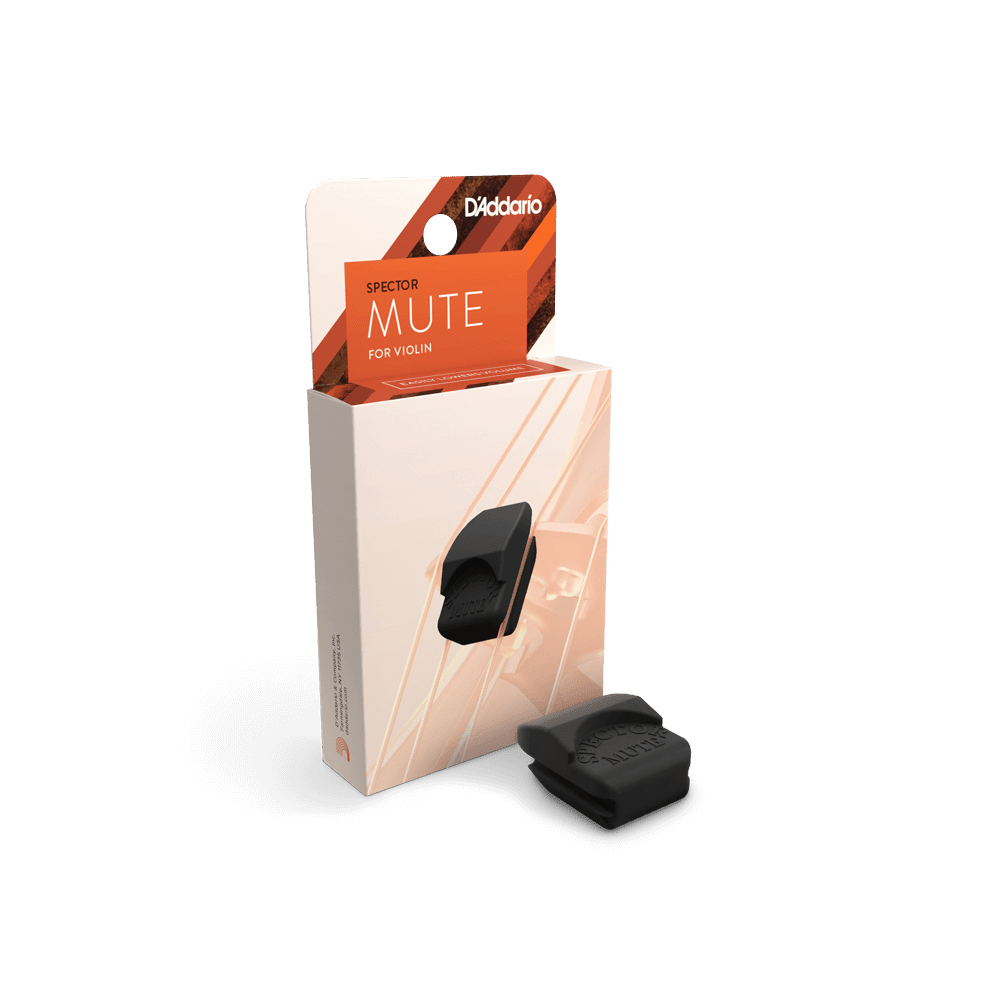 A Spector Violin Mute is shown partially inserted in its orange and white packaging, which features product branding and an image of a violin, highlighting this essential practice accessory.