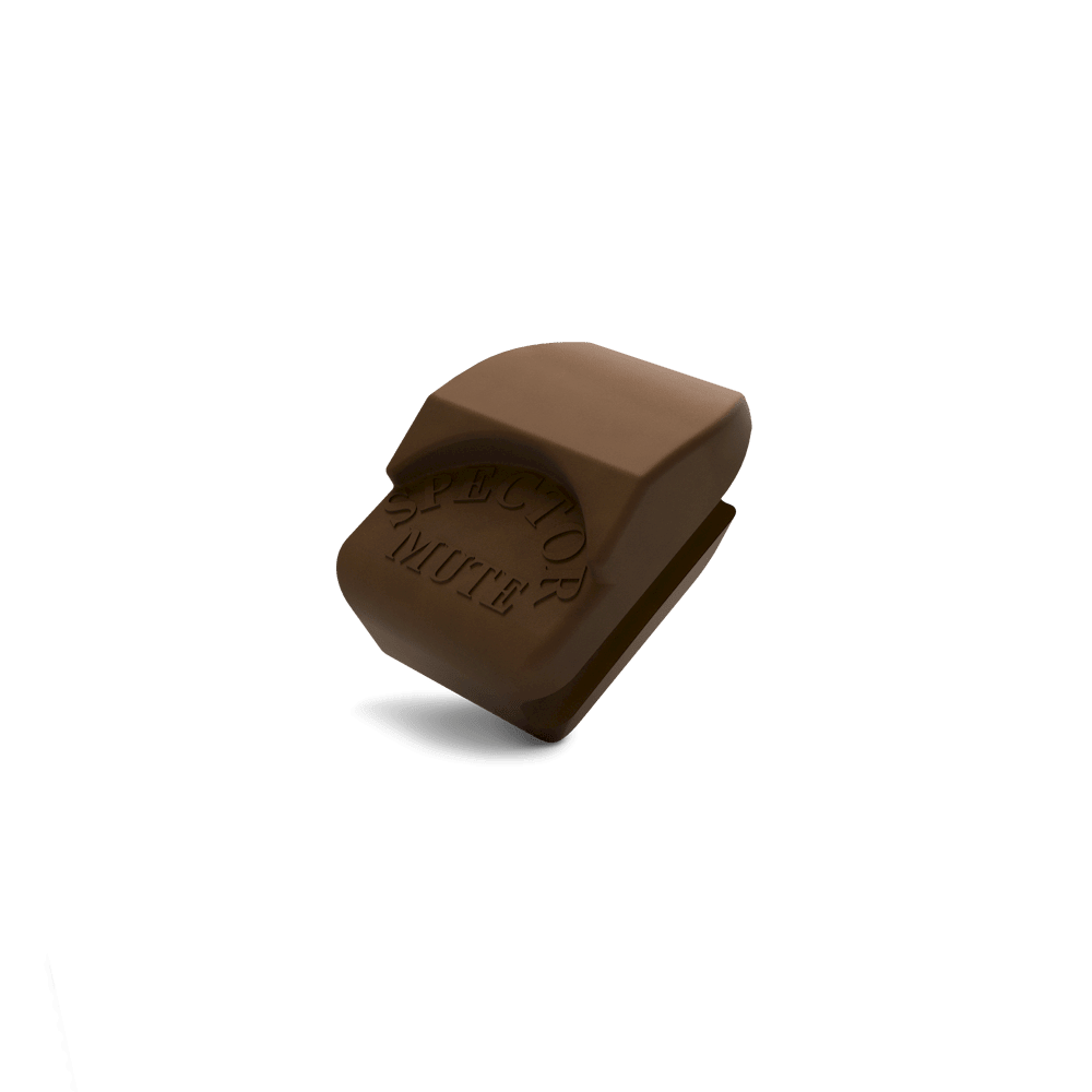 The Spector Violin Mute is a brown rubber accessory labeled "SPECTOR MUTE," designed to mute the strings of instruments like violin, bass, or guitar—perfect for practice. Shown on a plain white background.