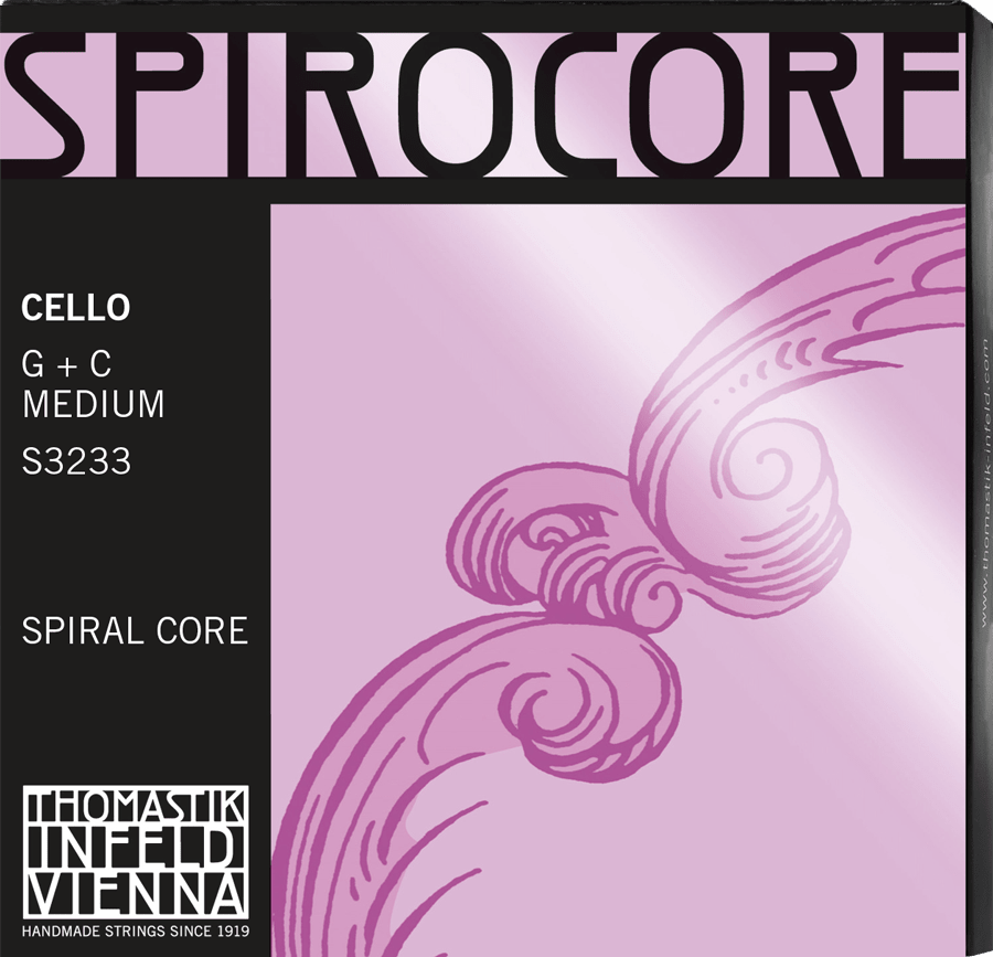 Spirocore S3233 Cello Tungsten G & C String Set package, highlighted by bold lettering, a pink background with an elegant spiral motif, and the iconic Thomastik-Infeld Vienna branding—perfect for displaying your favorite tungsten cello strings.