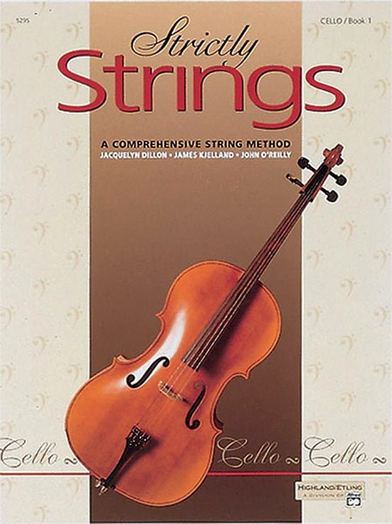 Cover of Strictly Strings for Cello features a large cello on a beige background with decorative musical symbols—an ideal book for beginning cellists.