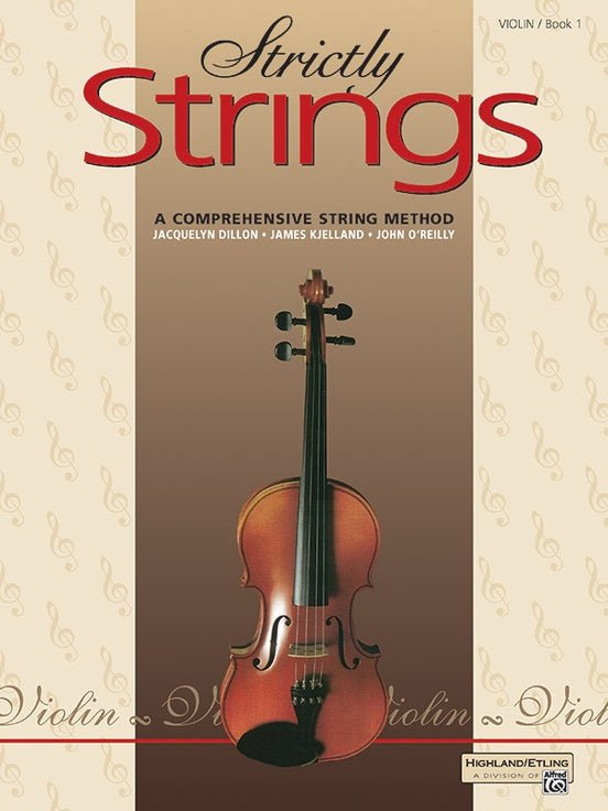 Cover of Strictly Strings for Violin, showing a violin on a beige background with musical notes and bold red and brown title text—a comprehensive method ideal for beginner string players in the orchestra classroom.