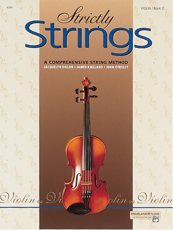 Cover of Strictly Strings for Violin Book 2, featuring a violin on a light background with musical notes—ideal for beginner string players and use in orchestra classes.