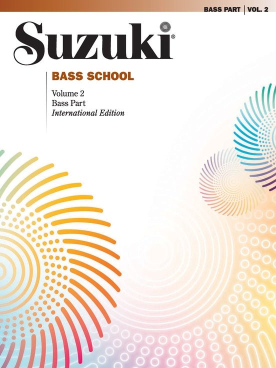 Cover of Suzuki Bass School Method Books 1–4 (Revised Edition), featuring colorful circular patterns on a white background and bold text—an essential double bass method for beginner students.