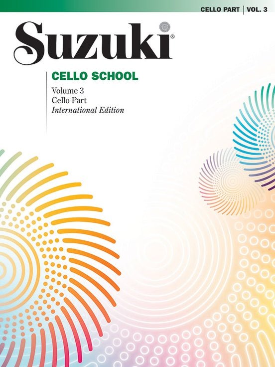 Cover of Suzuki Cello School Method Books 1-4 (Revised Edition), featuring the Suzuki logo and colorful circles on a white background—a classic in string education for cello learners.