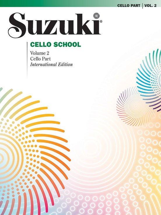 Cover of Suzuki Cello School Method Books 1-4 (Revised Edition)—a vibrant addition to cello method books—showcasing colorful spiral patterns on a white background with green and black text for string education.