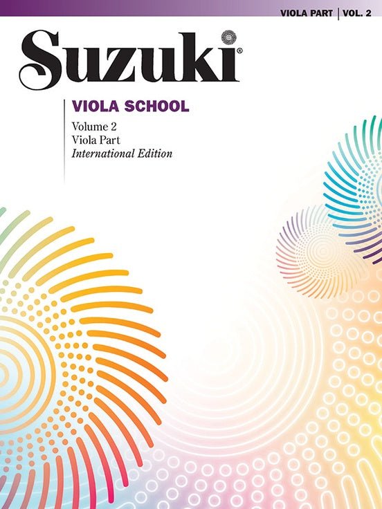 Cover of Suzuki Viola School Method Books 1-4 (Revised Edition), featuring the Suzuki logo and colorful circular patterns—a classic choice among viola method books.