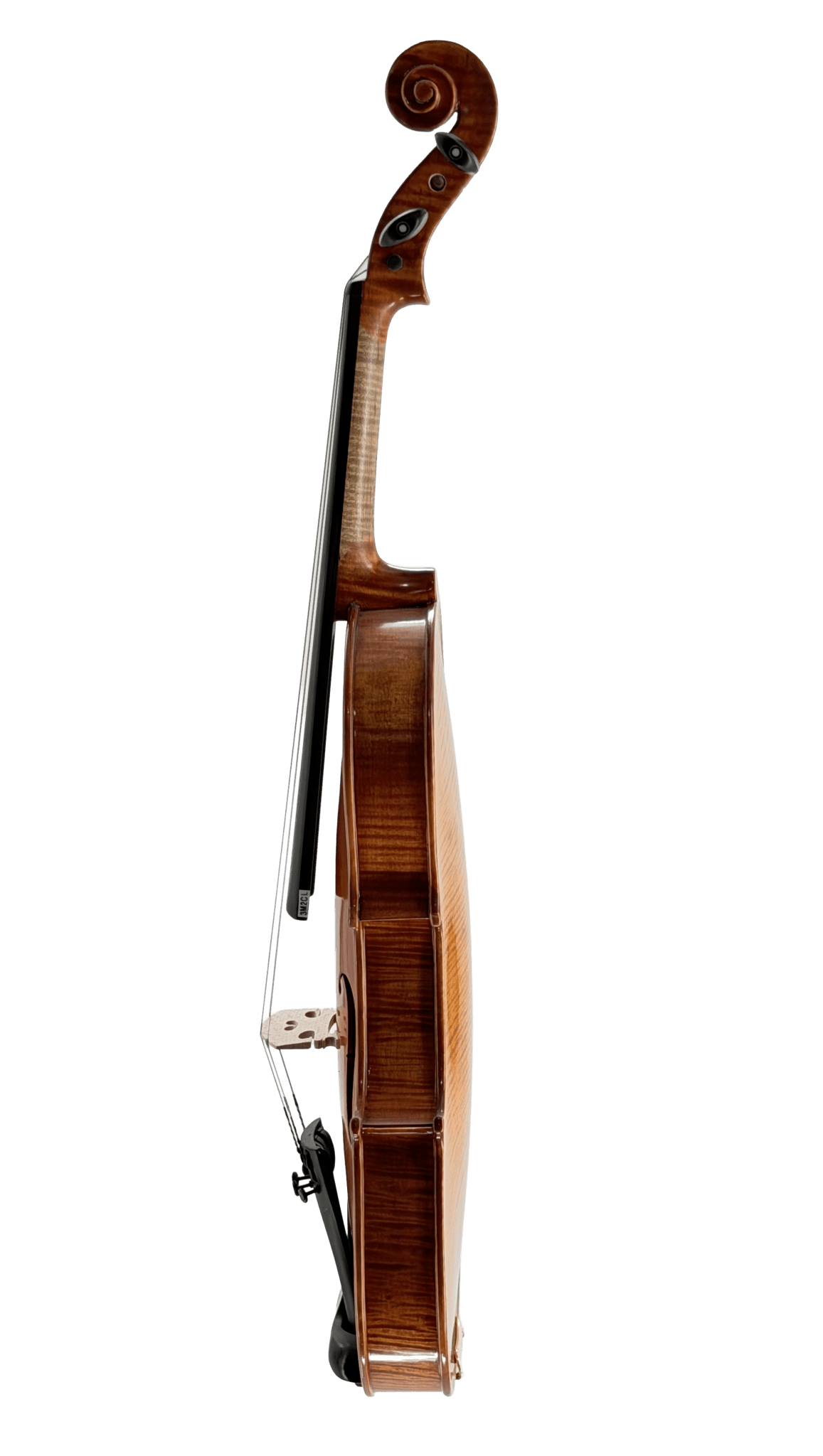 A side view of the Thomas Zach TZ3 Violin, featuring its polished wooden finish, scroll, strings, and curved body against a white background.