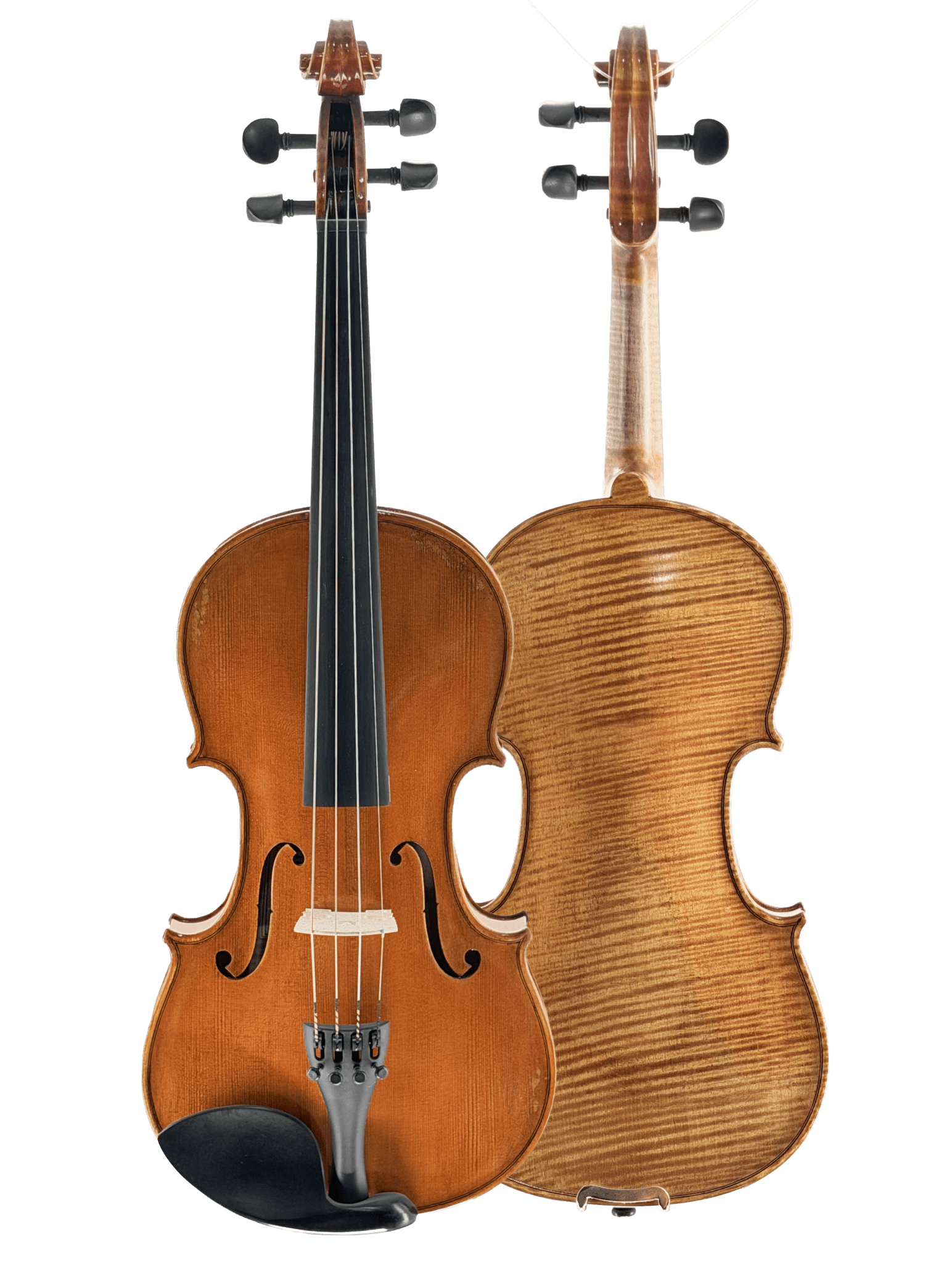 Two Thomas Zach TZ3 Violins are shown upright on a white background: the front view highlights strings and fingerboard, while the back view reveals a light, striped one-piece wood grain.