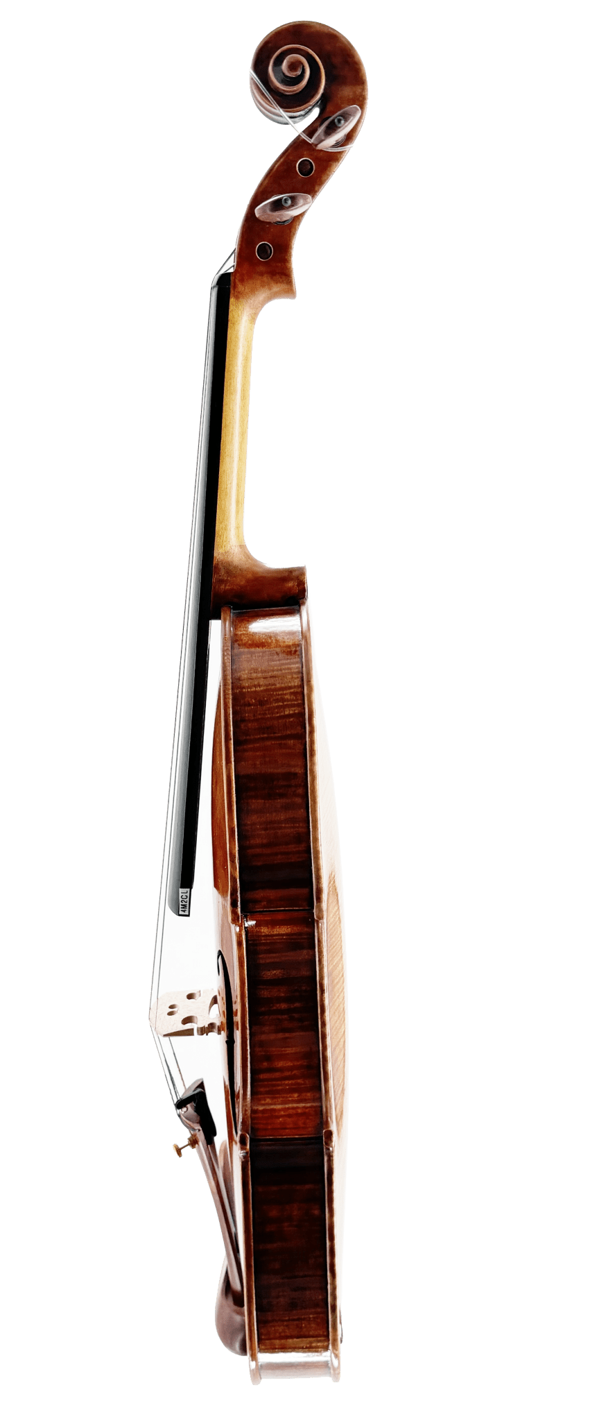 The Thomas Zach TZC24 Violin, with a brown wooden finish, stands upright on its side beside its bow against a plain white background—perfect for advancing players seeking a mature tone.