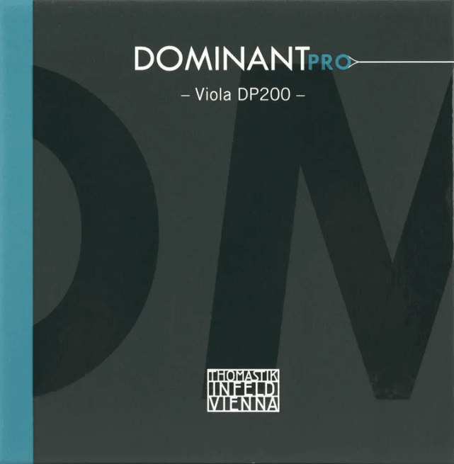 The Thomastik Dominant Pro Viola String Set features a striking black and teal package design accented by prominent D and N lettering, with the iconic Thomastik-Infeld Vienna logo displayed at the bottom—ideal for musicians in search of premium Dominant Pro viola strings.