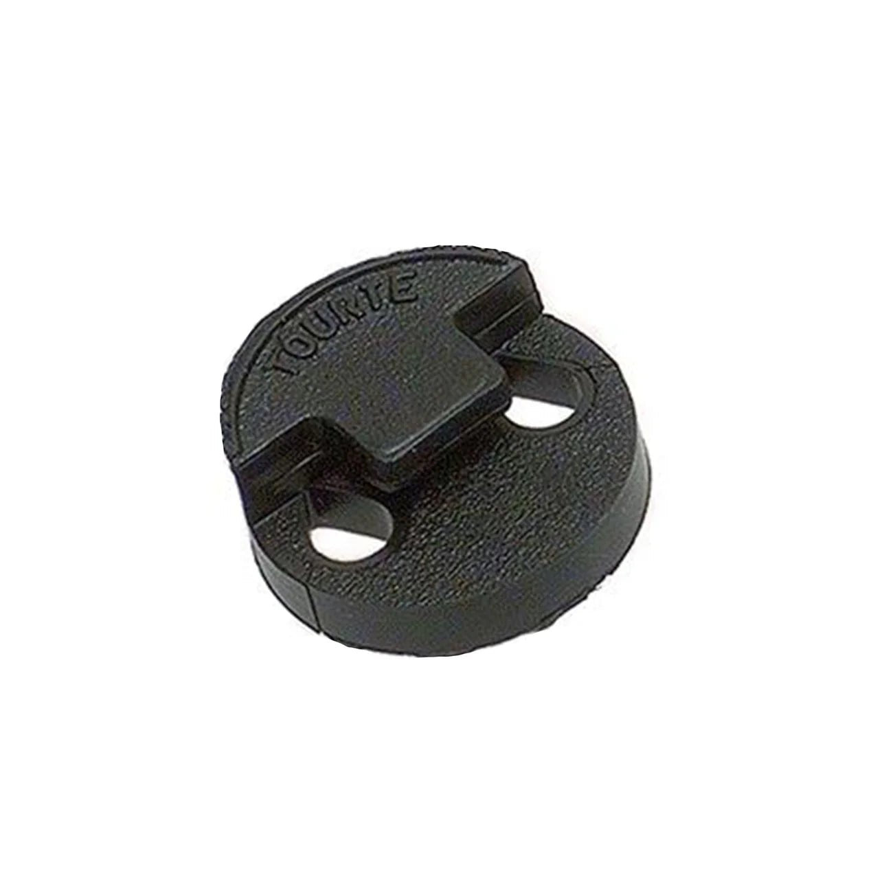 The Tourte Original Round Violin Mute is a black, round mute with "TOURTE" embossed on top and two circular openings—ideal as a practice or violin mute.