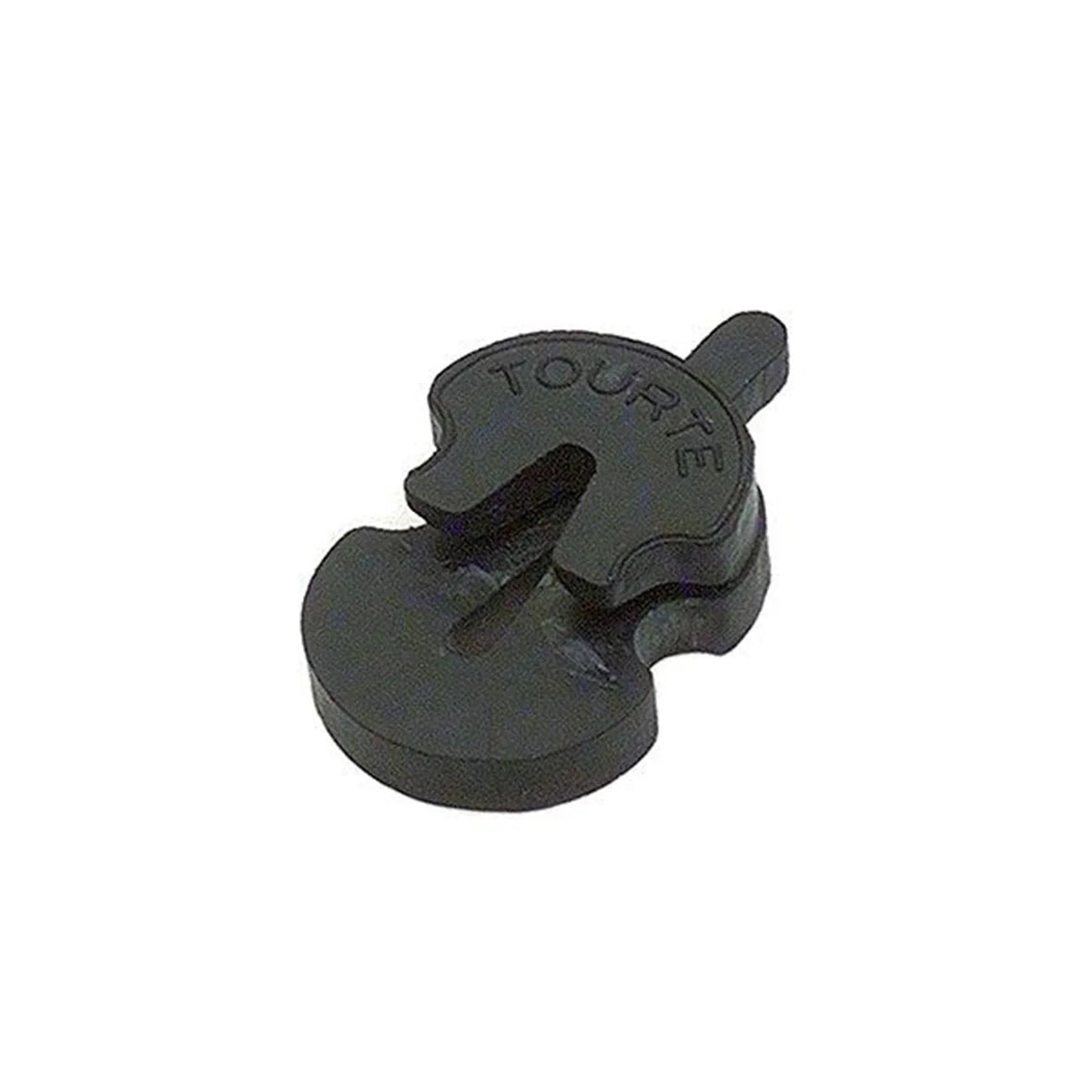 The Tourte Original Shaped Violin Mute, featuring a disc shape with a center slot and TOURTE engraved on top, is designed to dampen violin sound.