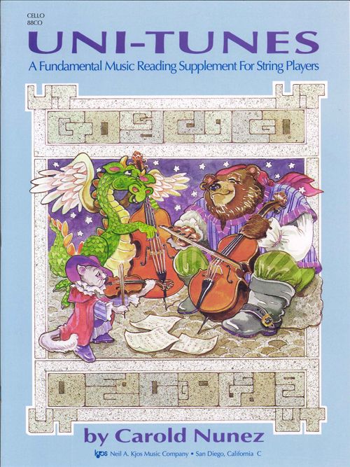 The cover of Uni-Tunes Cello Bk1 features a bear in a hat and vest playing cello with a string orchestra, while a green dragon reads music. Whimsical art and purple musical notes surround them, with the title and author details above and below.