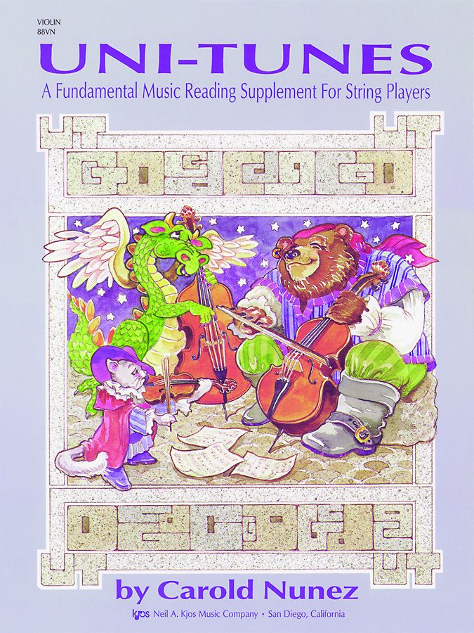 Cover features a dragon on violin, bear on cello, and fox with sheet music. "Uni-Tunes Violin BK1" is an elementary supplement by Carold Nunez for note reading in unison string orchestras.