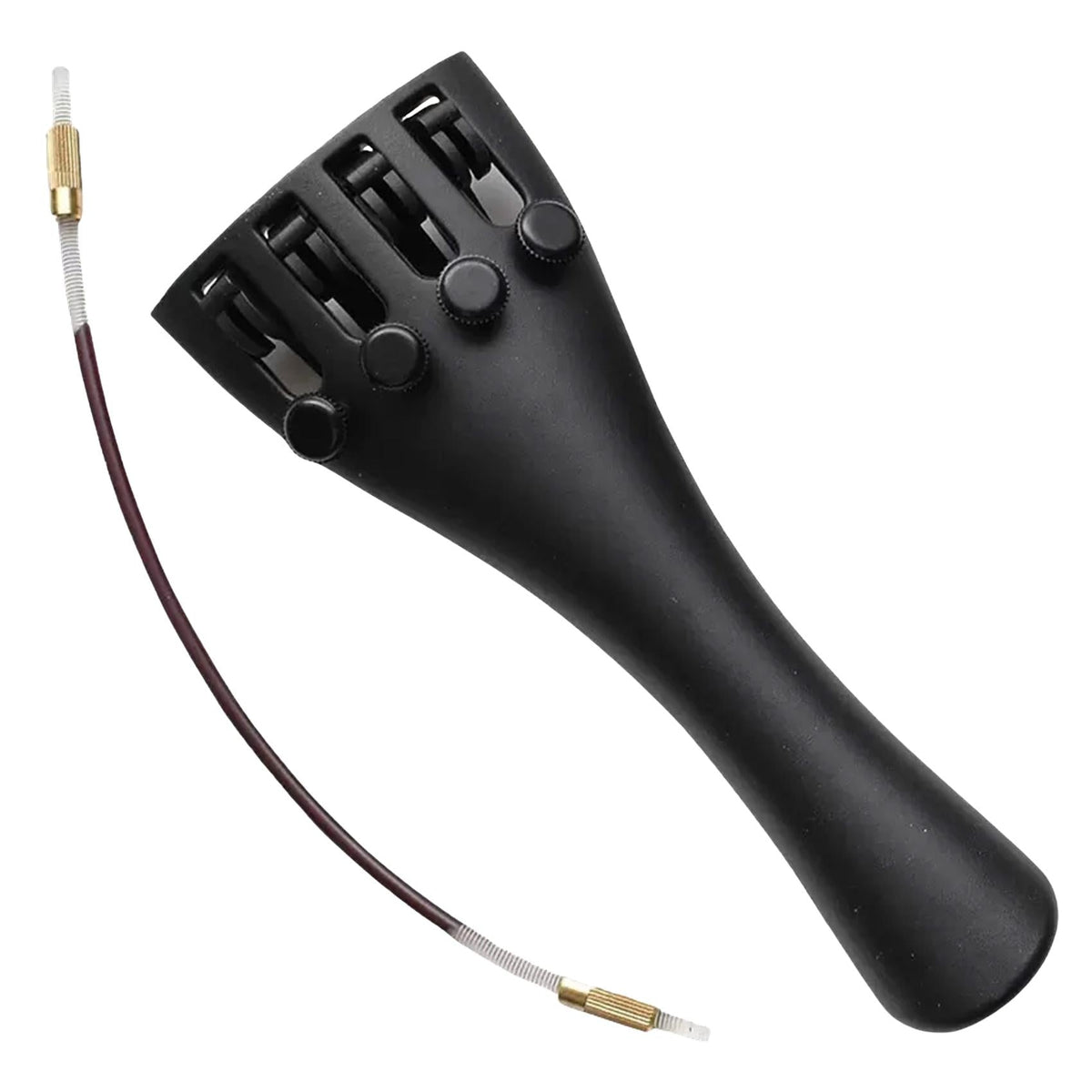 Black Wittner Ultra Composite Violin Tailpiece with four built-in fine tuners and an attached tailgut.