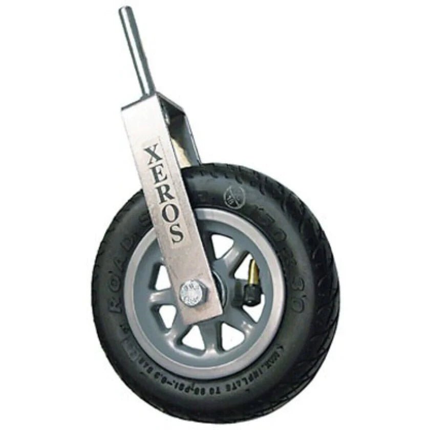 A close-up of the Xeros Bass Transport Wheel – Double Bass Endpin Wheel shows its black rubber tire, gray rim, metal fork, and valve stem for inflation—perfect for use on carts or as a double bass endpin replacement.