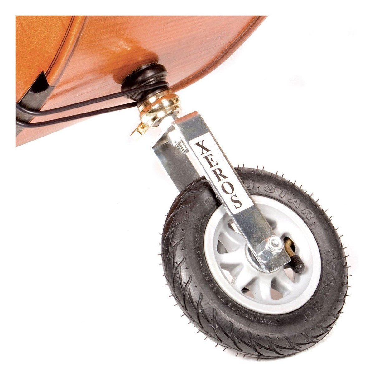 Close-up of the Xeros Bass Transport Wheel – Double Bass Endpin Wheel, a small black caster attached to a metal support labeled XEROS, shown against a white background.