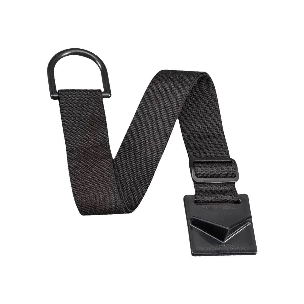 The Xeros Cello or Bass Anchor features a black nylon strap with a metal D-ring on one end and a rectangular plastic buckle on the other, making it an ideal choice for securely fastening and anchoring your cello or bass.